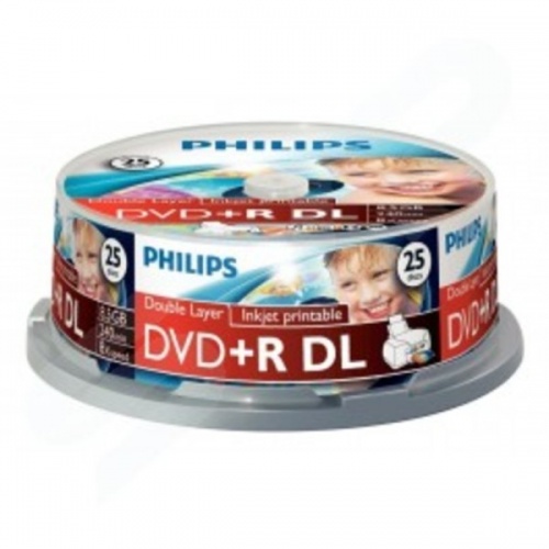 PHILIPS DVD+R DL 8.5GB 240MIN 1-8X White Inkjet Printable Dual Layer- 25 PACK DR8I8B25F