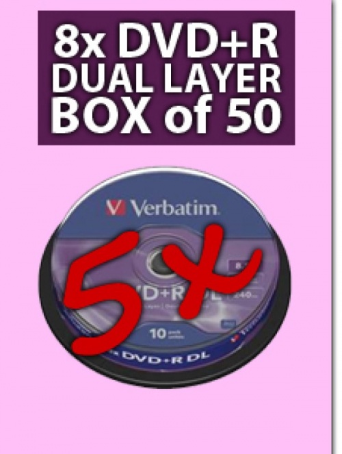 50 x Verbatim Dual Layer DVD+R DL Azo 8x Branded Matt Silver in 5 Packs of 10 - 43666