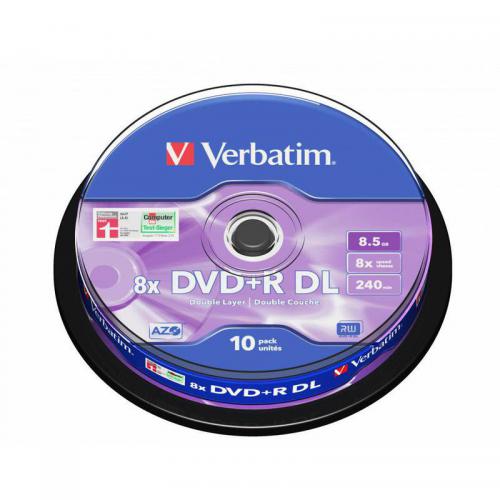 Verbatim Dual Layer DVD+R DL Azo 8x Branded Matt Silver in Packs of 10 43666