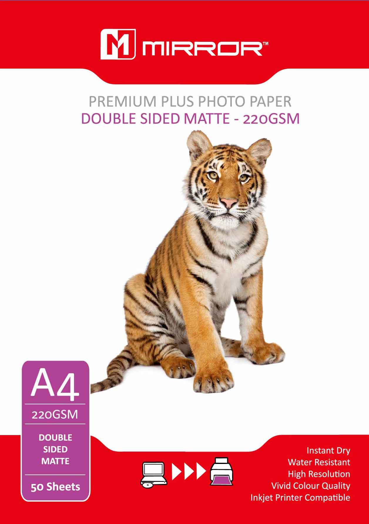 Mirror 220GSM Double Sided Matt Photo Inkjet Paper A4 - Pack of 50 Sheets