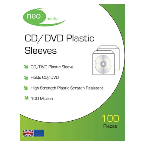100 Micron Neo Plastic Sleeves  (100 pack) Neo Media High Strength CD/DVD