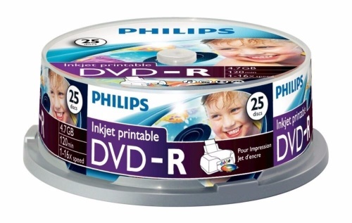 PHILIPS DVD-R 120 MIN VIDEO 4.7GB 16X SPEED INKJET PRINTABLE BLANK DISC- 25 PACK - DM4I6B25F